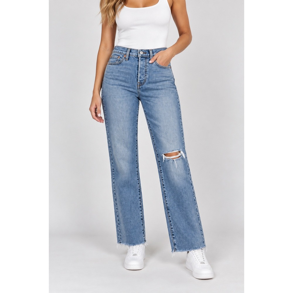 Levis Wedgie Straight High Rise Distressed Raw Hem Jeans Blue 24x28 NEW US Sz 0